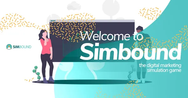 Image of Simbound logo and two human figures next to blackboard and the text: Welcome to Simbound the digital marketing simulation game