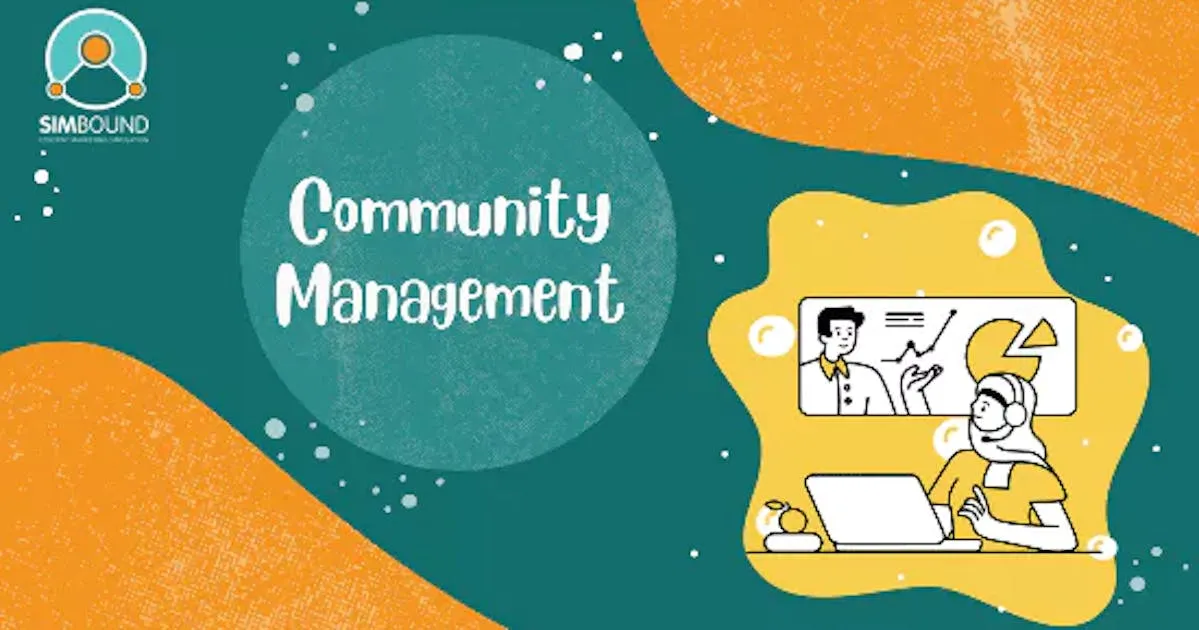 Illustration with Simbound logo, the text Community Management and human figures having an online meeting and presentation