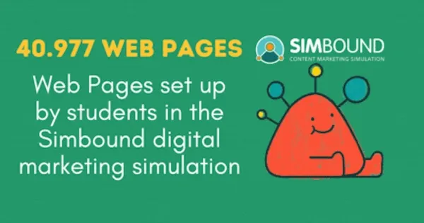 GIF with text: 40977 Web Pages set up by students in the Simbound digital marketing simulation since 2020 and Simbound logo