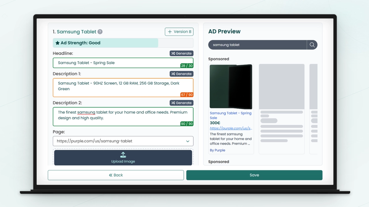 A view of the Simbound SEA shopping ad builder