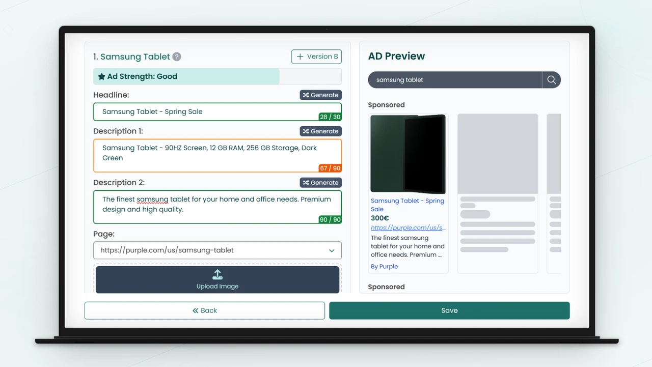 A view of the Simbound SEA shopping ad builder