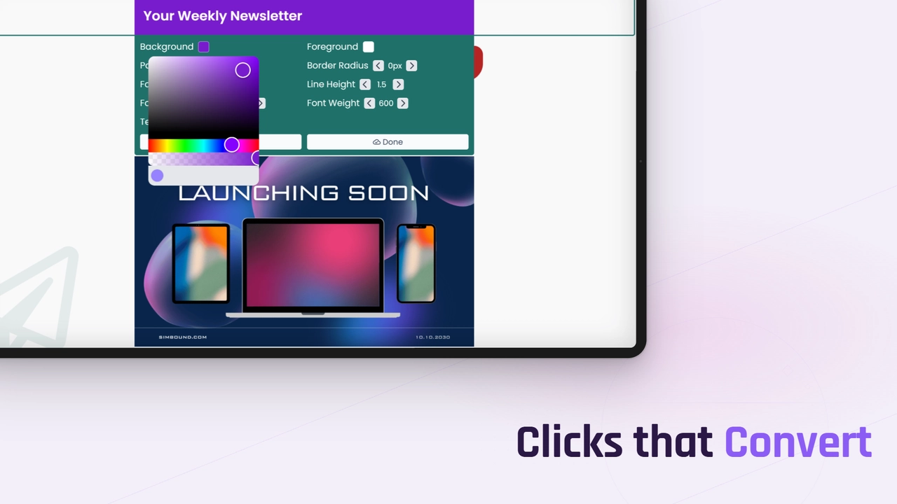 A tablet showing the Simbound Email builder