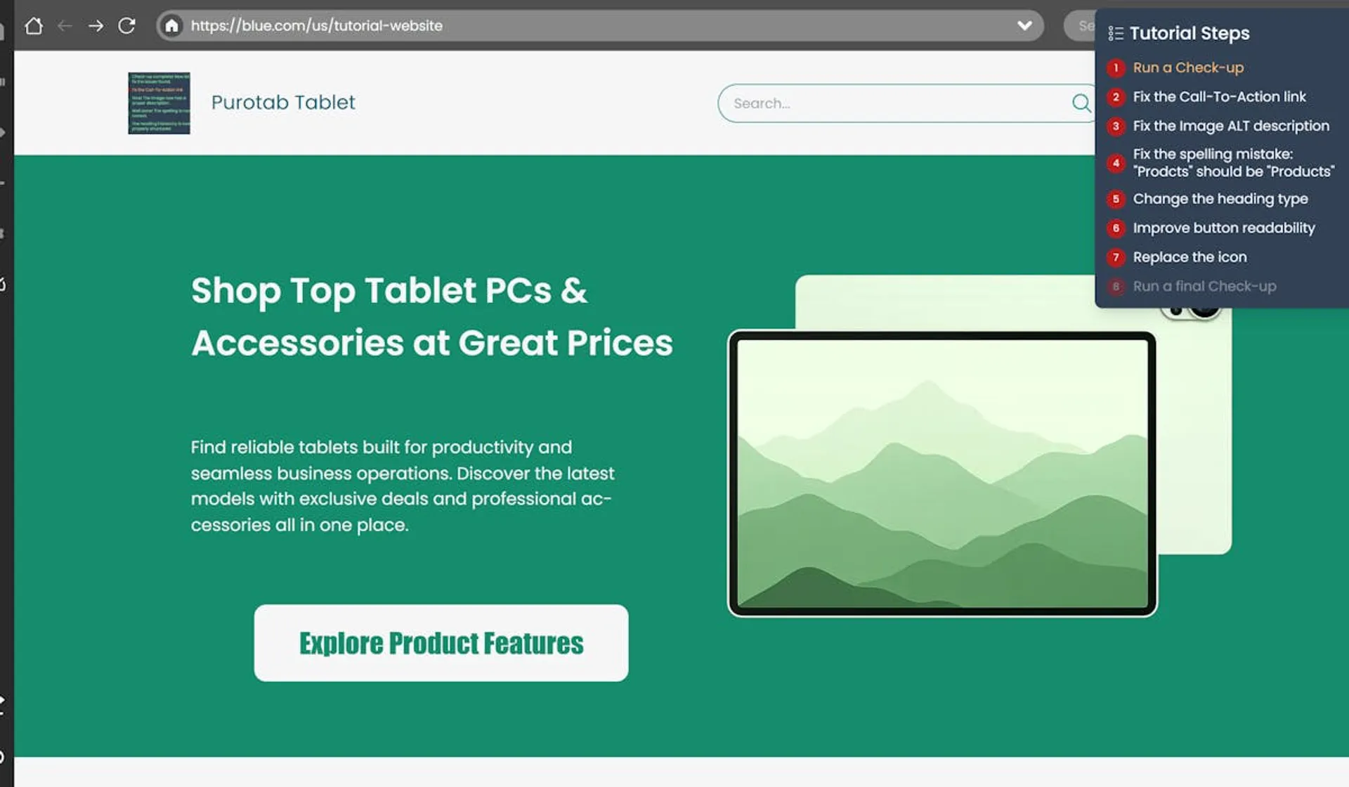 Display of the Simbound website editor. The edited page has a white navbar with a green theme hero section
